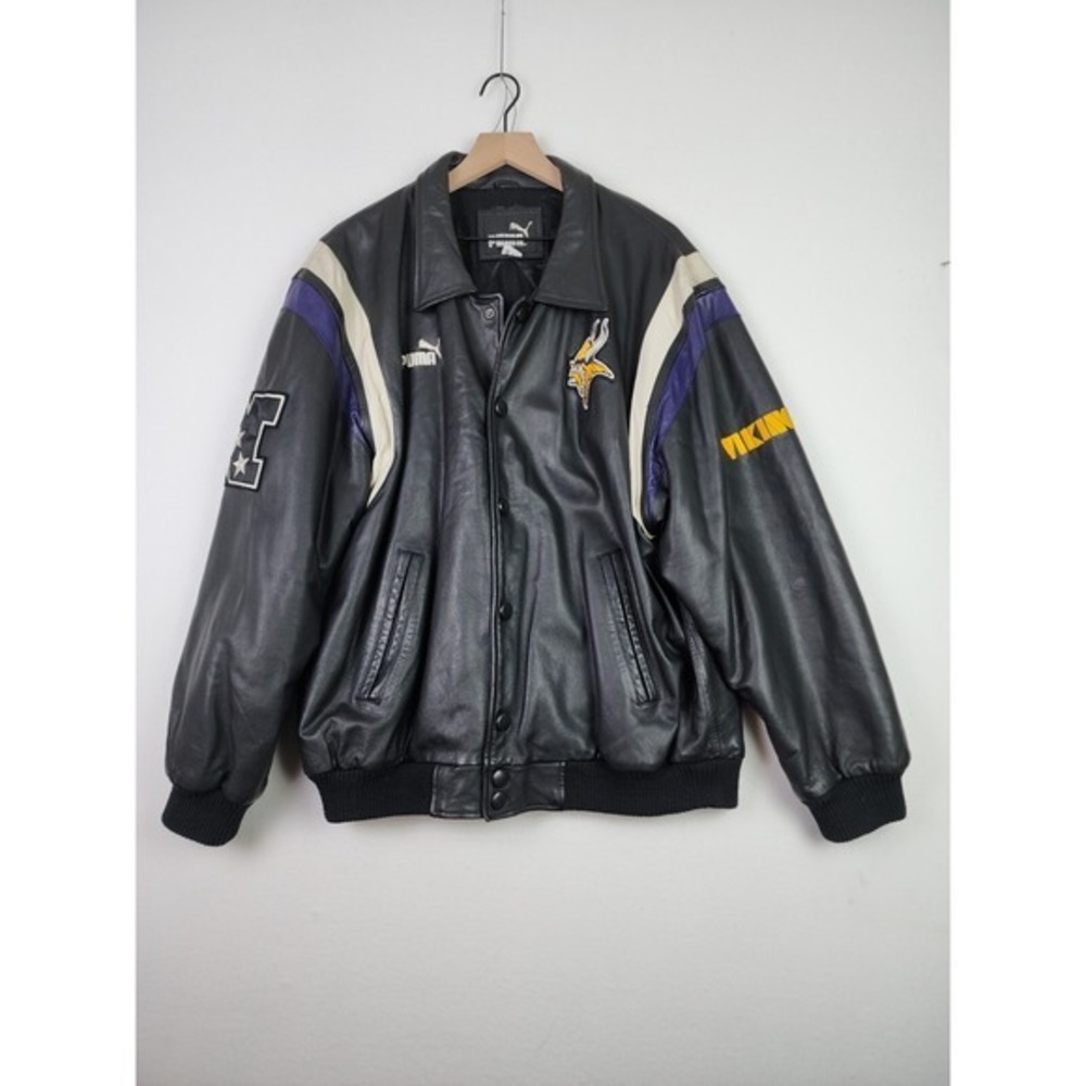 Vintage Puma Viking‎ Detroit Lions Leather Jacket Large Snaps